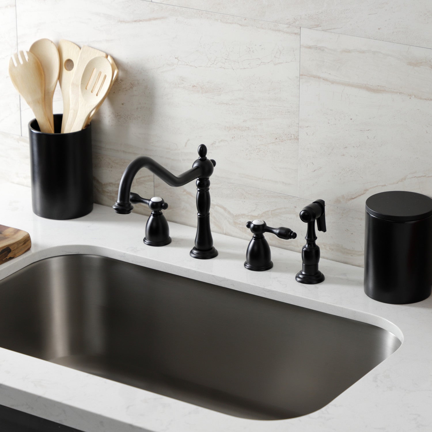 Kingston Heirloom KB1790TALBS - Tudor Double-Handle 4-Hole Widespread Kitchen Faucet with Brass Sprayer, Matte Black — thumbnail 2